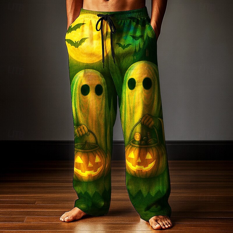 Halloween Men's Pumpkin Ghost Halloween Costumes Trousers Baggy Pants Casual Pants Mid Waist Dark Gothic Style Holiday Elastic Drawstring Waist Linen-Like Pants with Pockets Spring Fall 3D Print2