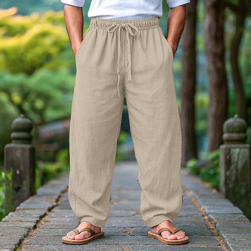 Men's Linen Pants Trousers Summer Pants Beach Pants Drawstring Elastic Waist Pleats Plain Comfort Breathable Full Length Outdoor Casual Daily Vacation Fashion Black White Inelastic4