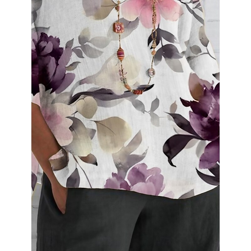 Women's Shirt Floral Daily Casual 3/4 Length Sleeve Crew Neck Regular Tops Daily Holiday Print Purple Summer Spring Fall3