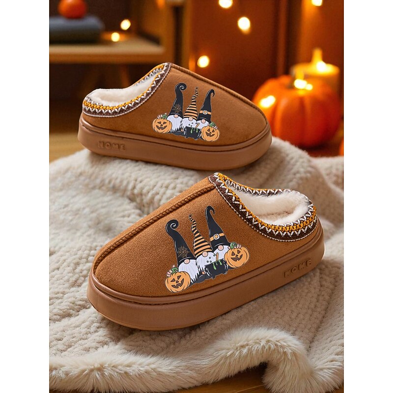 Women's Halloween Gnome Slippers with Plush Lining - Cozy Indoor House Shoes with Pumpkin Print for Fall and Holiday Gift Giving3