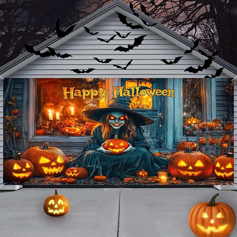 Halloween Tapestry Garage Door Cover Large Hanging Backdrop Zombies Snowman Dark Punk Gothic Style Party Outdoor Shooting Backgrounds Yard Haunted House Home Decor4