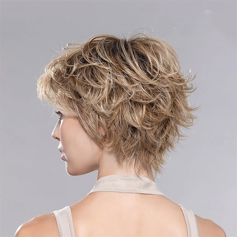 Women’s Brown Blonde Highlight Tousled Short Wig with Bangs Natural Looking Realistic Synthetic Hair Heat Resistant Layered Cut Elegant Daily Wear Fashion Style3