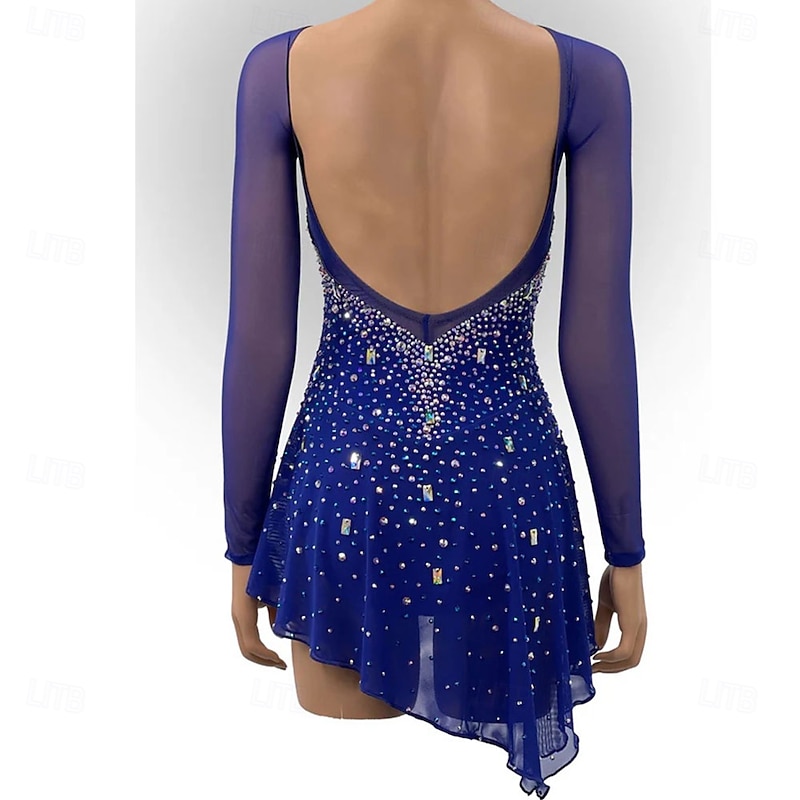 Figure Skating Dress Women's Girls' Ice Skating Dress Royal Blue Open Back Asymmetric Hem Mesh High Elasticity Training Competition Skating Wear Classic Crystal / Rhinestone Long Sleeve Ice Skating Figure2