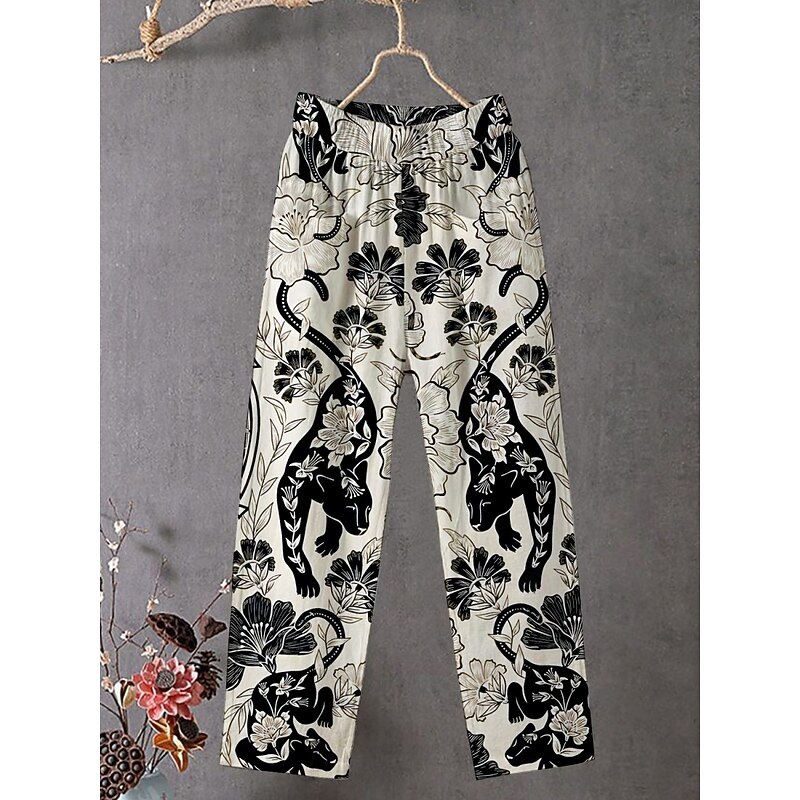Women's Chinos Pants Trousers Streetwear Casual Full Length High Waist Floral Elastic Waist Print Breathability Comfortable Stretchy Vacation Street Daily Wear Apricot Summer Spring Fall Regular Fit