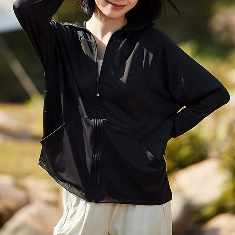 Women's Casual Jacket Sun Protection Comfortable Zipper Pocket Fashion Outdoor Plain Going out Weekend Zipper Regular Hooded Regular Fit Long Sleeve Outerwear Black White Pink Summer2