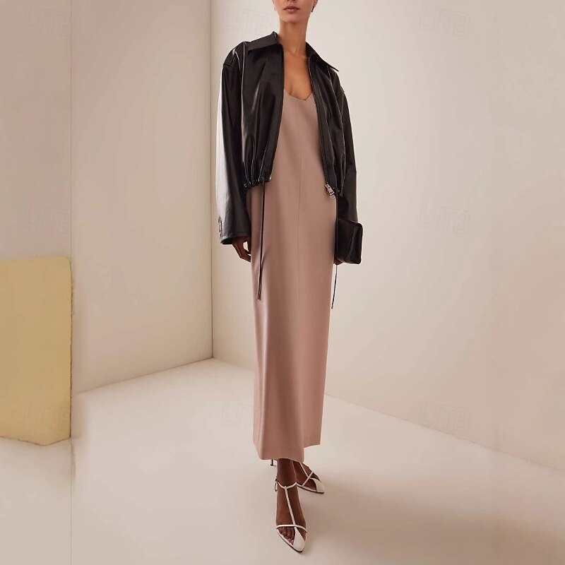 Women's Faux Leather Jacket Comfortable Zipper Pocket Fashion Outdoor Plain Street Holiday Zipper Regular Turndown Regular Fit Long Sleeve Outerwear Black Fall2