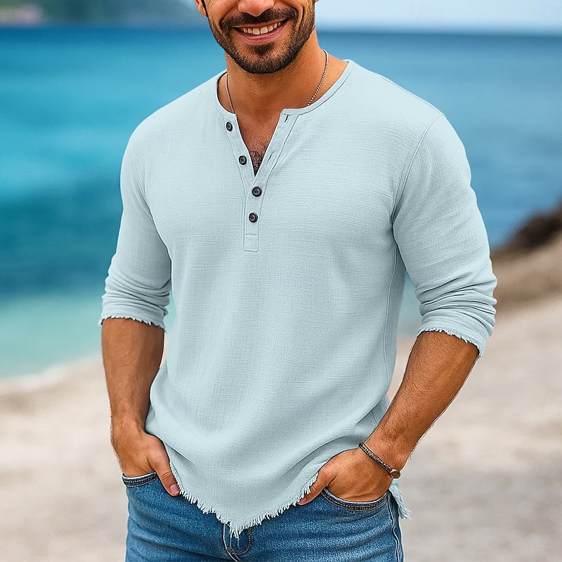 Men's Cotton Linen Shirt Henley Shirt Tee Long Sleeve Henley Summer All Seasons Solid Color Plain Fashion Designer Casual Color Block Buttons Outdoor Casual Daily White Pink Blue Top Tee for Men4