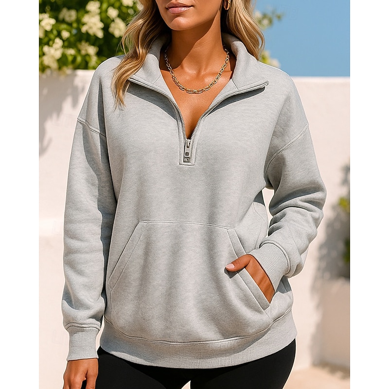 Women's Pullover Sweatshirt Casual Tops Quarter Zipper Long Sleeve Top Athleisure Solid Colored Outdoor Travel Sports Sportswear Activewear Black Dark Gray Fuchsia