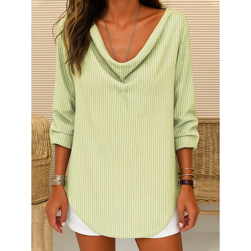 Women's T Shirt Striped Casual Long Sleeve Pile Neck Regular Tops Daily Black Blue Green Gray Spring Fall