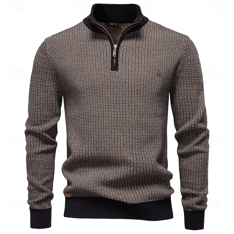 Men's Pullover Cable Knit Regular Tops Half Zip Color Block Geometric Standing Collar Elegant Cool School Vacation Clothing Apparel Spring Fall Black Brown S M L
