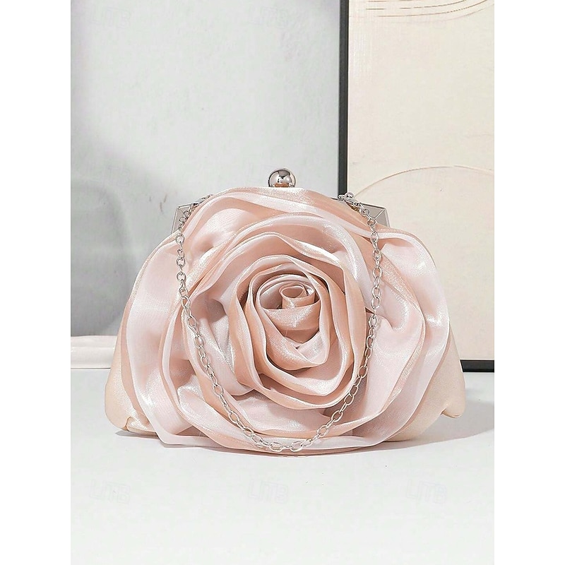 Women's Rose Flower Evening Clutch – Elegant Satin Purse with Chain Strap for Formal Events, Weddings and Cocktail Parties2