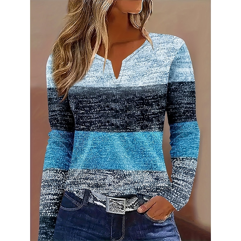 Women's T Shirt Graphic Geometric Striped Vintage Stylish Classic Long Sleeve Notched Neck Regular Tops Daily Weekend Print Sky Blue Spring Fall Winter