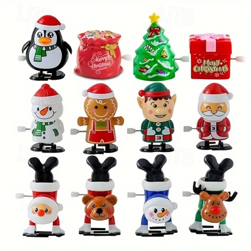12Pcs Christmas Wind Up Toys, Santa Claus Walking Figures, Clockwork Xmas Cartoon Figurines, Holiday Party Favors, Stocking Stuffers for Kids