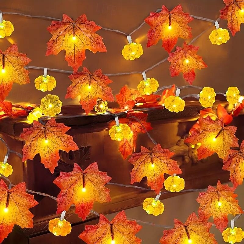 10/20/40 LED Maple Leaf Pumpkin String Lights Battery Powered Autumn Theme Decoration for Halloween Christmas Thanksgiving Holiday Home Courtyard Decoration3