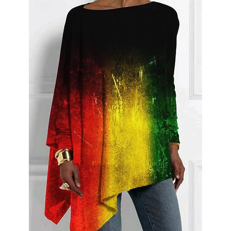 Women's T Shirt Graphic Geometric Abstract Vintage Stylish Casual Long Sleeve Crew Neck Long Tops Daily Print Asymmetrical Black White Yellow Red Spring Fall4