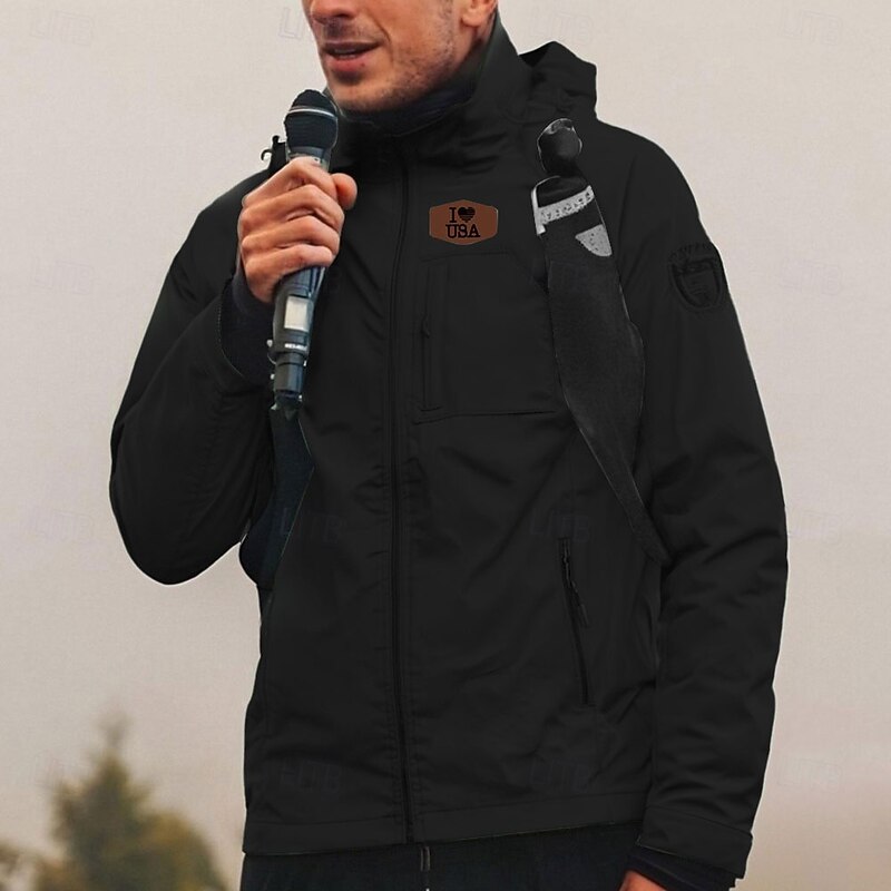 Men's Jacket Raincoat Shell Jacket Waterproof Lightweight Casual Sports Outdoor Camping & Hiking Embroidered Side Pockets Zip Front Fall Winter Hooded Long Sleeve Black Green khaki2