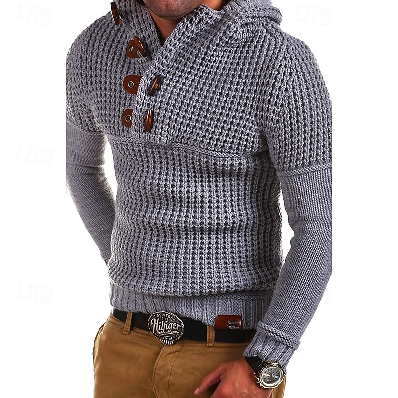 Men's Sweater Pullover Sweater Jumper Ribbed Knit Regular Tops Knitted Hooded Plain Hooded Knitwear Contemporary Casual Daily Wear Clothing Apparel Fall Winter White Light Grey M L XL3
