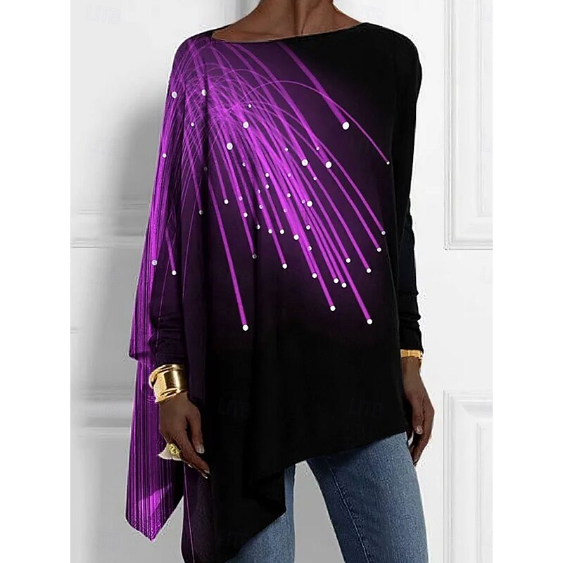 Women's T shirt Long Sleeve Graphic Striped Abstract Vintage Stylish Classic Long Sleeve Crew Neck Regular Tops Daily Weekend Print Asymmetrical Purple Green Spring Fall Prefall4