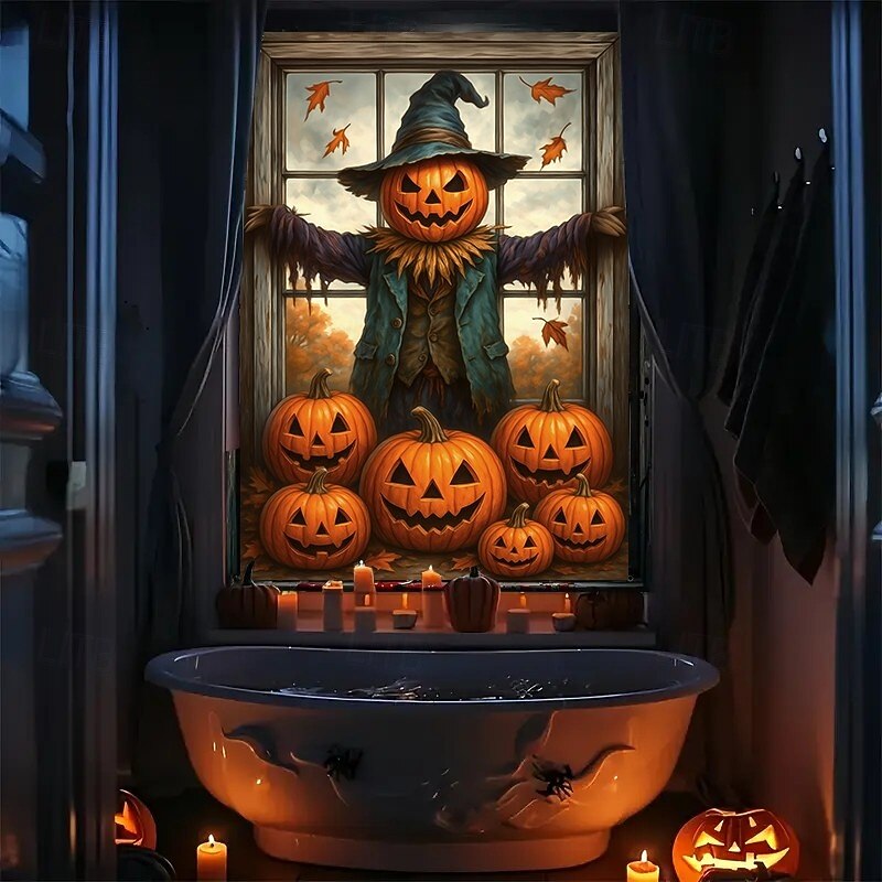 Halloween Window Cover Decorations, Fabric Cute Ghost Candle Halloween Curtain Horror Movie Poster Window Door Covering Decor for Haunted House, Scary Halloween Window Clings Decals Indoor Outdoor2