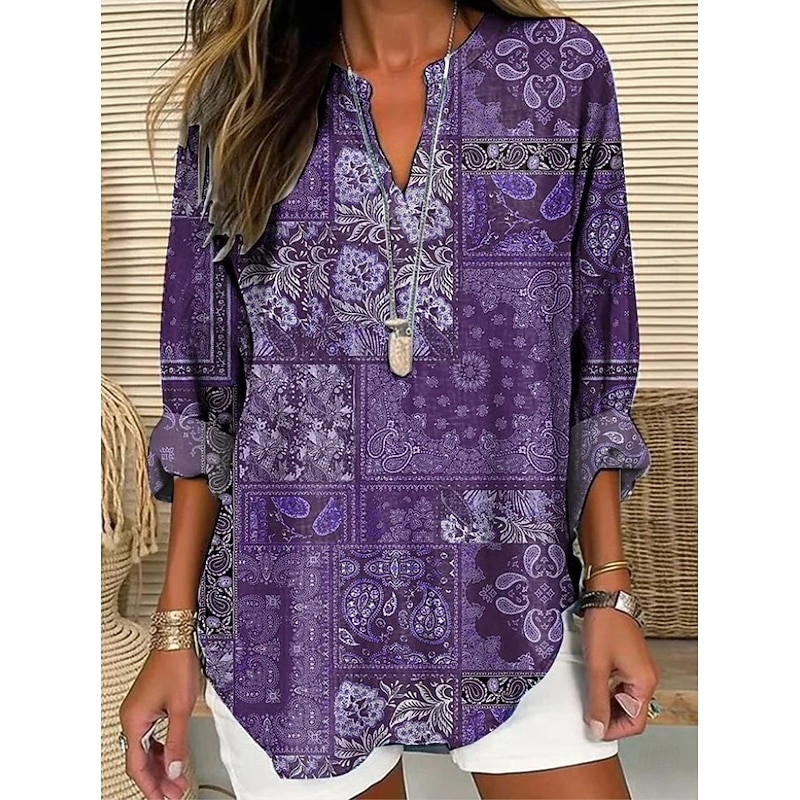 Women's Blouse Tunic V Neck Long Sleeve Boho Casual Graphic Geometric Color Block Elegant Bohemia Vintage Regular Tops Daily Wear Print Denim Blue Blue Sky Blue Green2