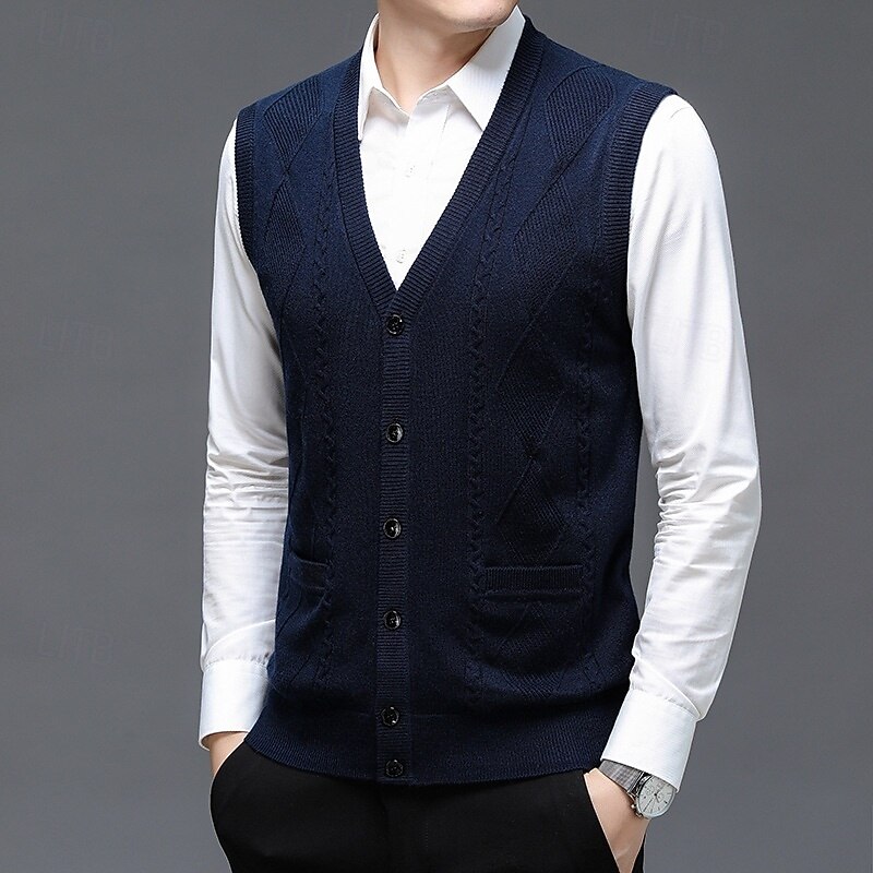 Men's Sweater Dress Sweater Cardigan Sweater Knit Sweater Ribbed Knit Regular Tops Knitted Ribbed Plain V Neck Fashion Shawls Business Casual Clothing Apparel Spring Fall Navy Blue Camel M L XL2