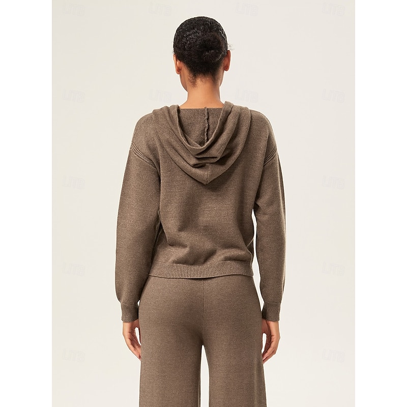 Women's Coffee Brown Hooded Zip-Up Sweater Drop Shoulder Long Sleeve Double-Ended Zipper Casual Stylish Daily Fall3