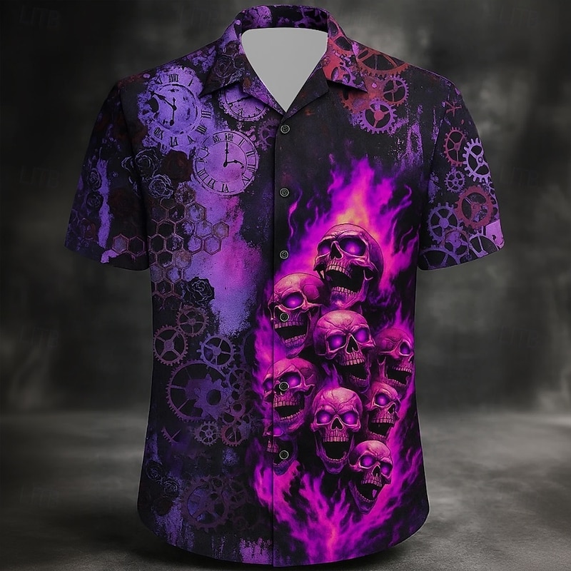 Halloween Men's Skull Flame Halloween Costumes Shirt Cuban Collar Shirt Button Up Shirt Short Sleeve Dark Gothic Style Holiday Summer Camp Collar Shirt 3D Print Purple