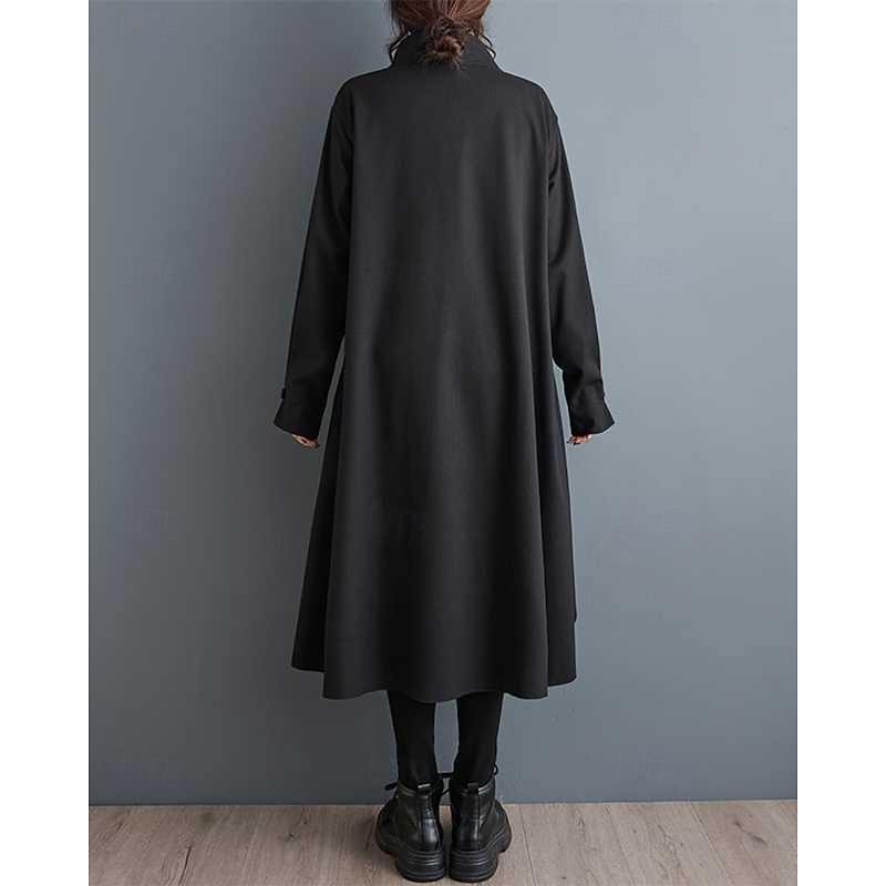 Women's Trench Coat Warm Comfortable Pocket Irregular Hem Buttons Fashion Plain Casual Daily Park Single Breasted Long Stand Collar Regular Fit Long Sleeve Outerwear Black Fall4