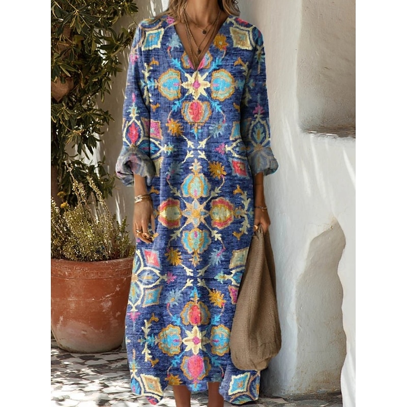Women's Maxi Dress Casual Dress Stylish Casual Vacation Daily Regular Fit Floral Long Sleeve V Neck Navy Blue Blue Orange Brown Summer2