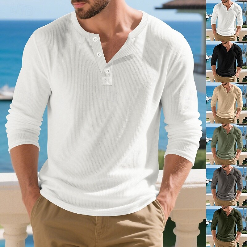 Men's T Shirt Henley Shirt Tee Tee Top Long Sleeve Henley Spring Fall Plain Fashion Designer Basic Buttons Vacation Street Going out Black White Khaki Top Tee for Men