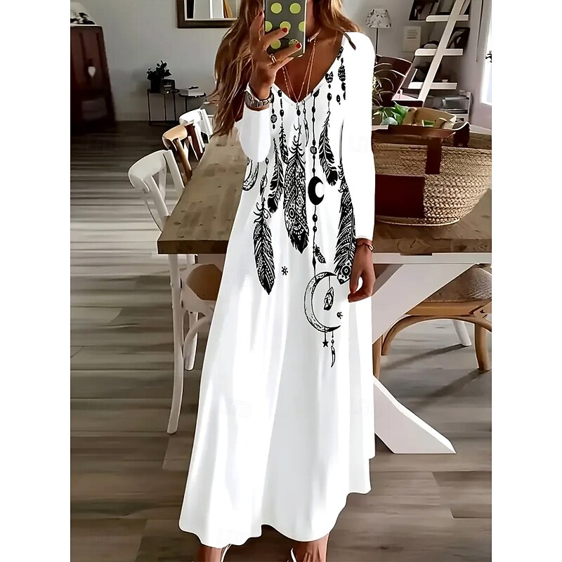 Women's Maxi long Dress White Dress Casual Dress A Line Dress Bohemia Vintage Stylish Holiday Loose Fit Ombre Graphic Feather Long Sleeve V Neck White Spring Fall Winter