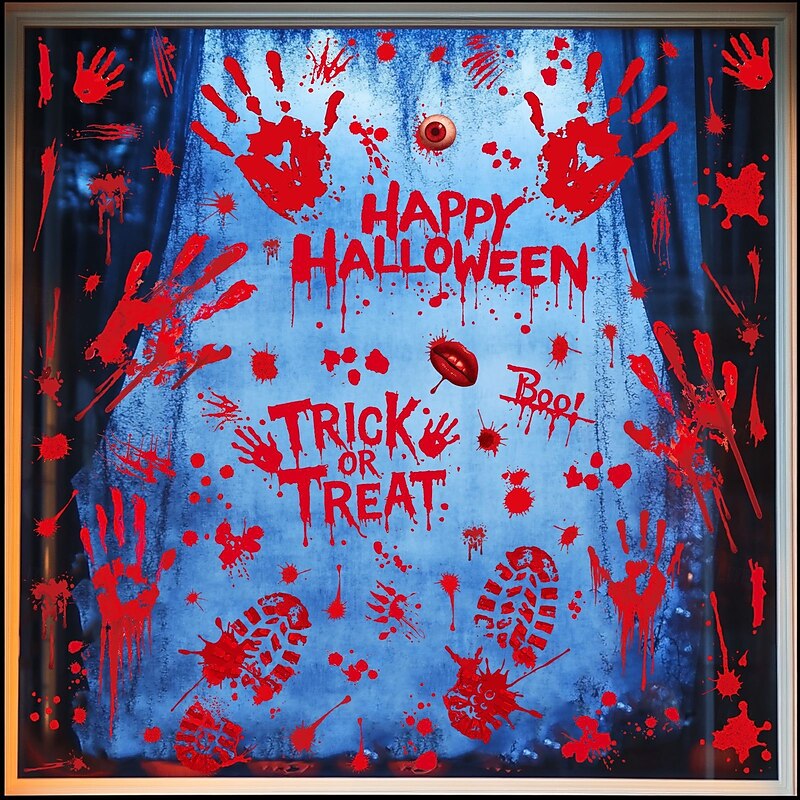 8 Sheets Halloween Window Cling Wall Sticker Decals Decorations, Bloody Footprints & Hands, Creepy Horror Glass Stickers, Double-Sided, Halloween Party Home Decor4