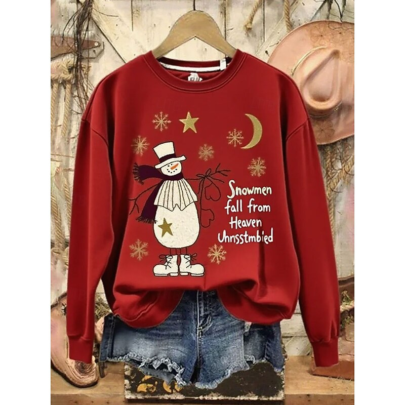 Women's Pullover Graphic Snowman Casual Long Sleeve Crew Neck Regular Tops Street Dailywear Casual Print White Red Green Beige Fall Winter2