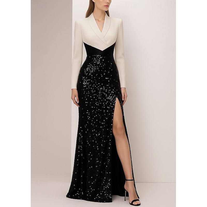 Tuxedo Dress Sheath / Column Formal Wedding Wedding Guest Satin Elegant Silky Long Sleeve Floor Length Split Thigh Shawl Lapel