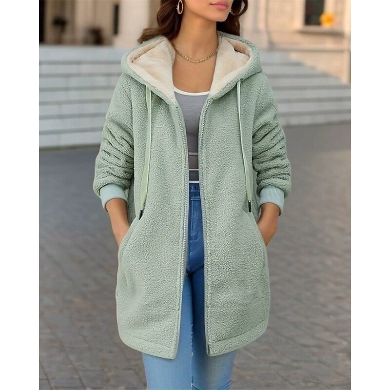 Women's Fleece Jacket Casual Jacket Warm Comfortable Zipper Pocket Fashion Outdoor Plain Going out Weekend Zipper Regular Hooded Regular Fit Long Sleeve Outerwear Pink Blue Green Fall Winter4