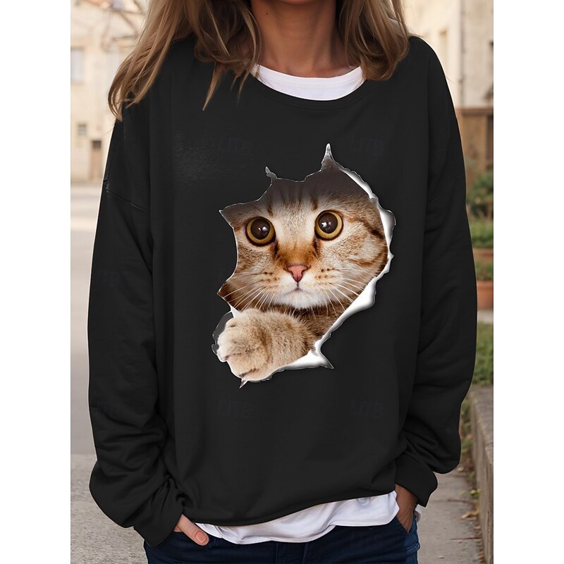 Women's Sweatshirts Graphic Cat Casual Long Sleeve Crew Neck Regular Tops Casual Print Black Pink Red Blue Khaki Fall Winter3