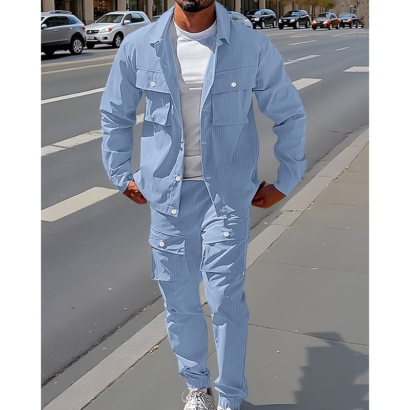 Men's Lightweight Jacket Cargo Jacket Casual Jacket Set Vacation Daily Breathable Jacquard Pocket Spring Fall Plain Fashion Classic Lapel Regular Black Light Green Khaki Light Blue Jacket