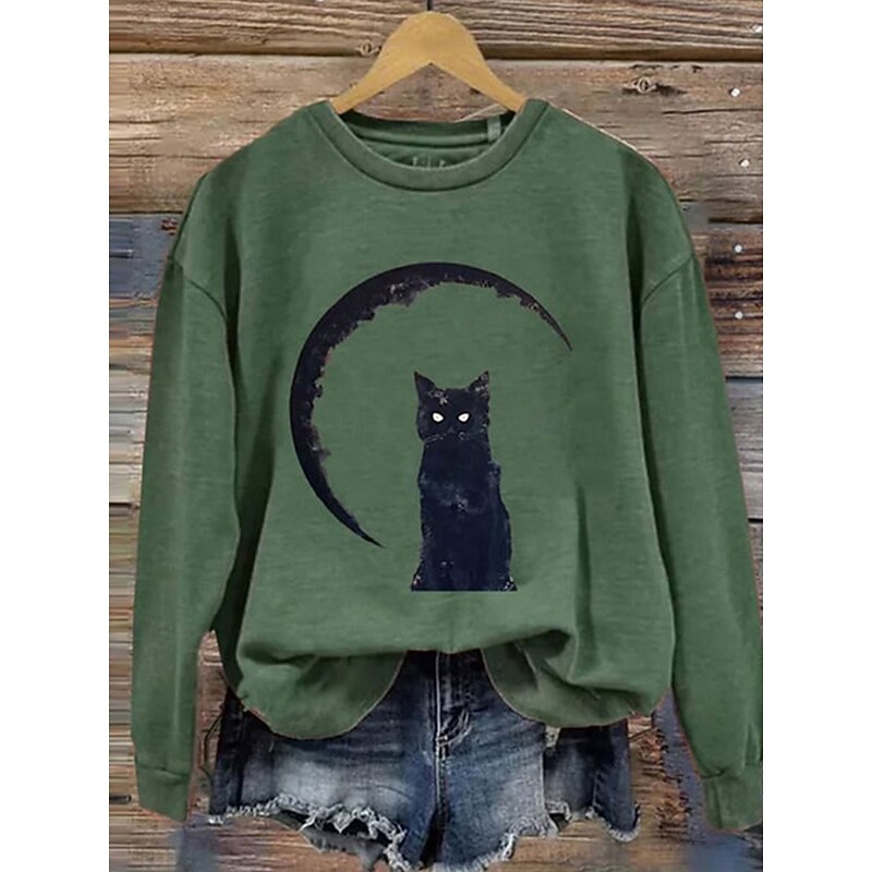 Halloween Women's Sweatshirts Black Cat Graphic Cat Casual Long Sleeve Crew Neck Regular Tops Street Dailywear Casual Print Orange Green Gray Fall Winter2