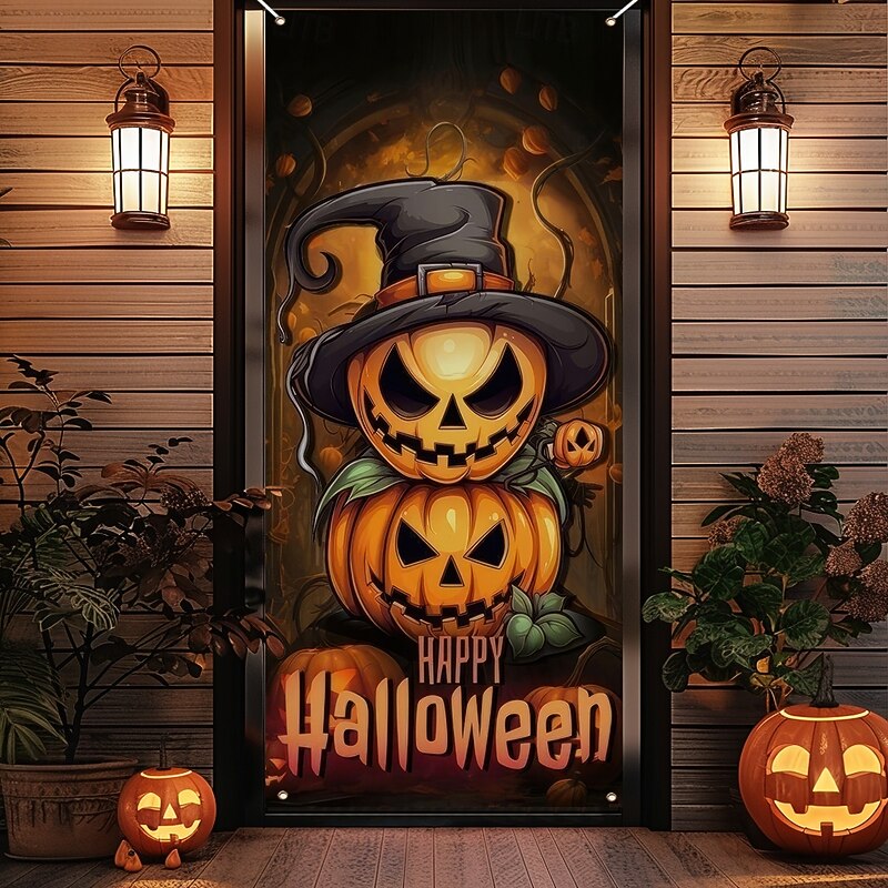 Halloween Door Cover Outdoor Banners Pumpkin Psychedelic Dark Punk Gothic Style Party Outdoor Shooting Backgrounds Front Door Wall Porch Home Decor4