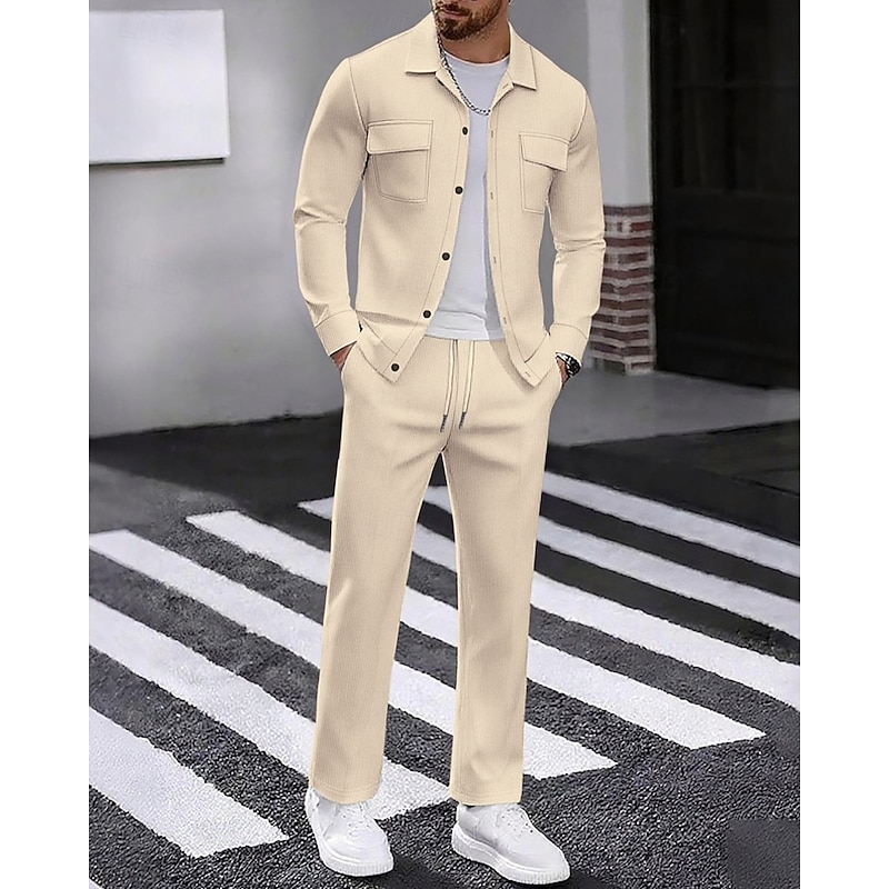 Men's Lightweight Jacket Corduroy Jacket Casual Jacket Set Vacation Daily Breathable Pocket 2 Piece Spring Fall Plain Fashion Classic Lapel Regular Black White Navy Blue Khaki Army Green Jacket