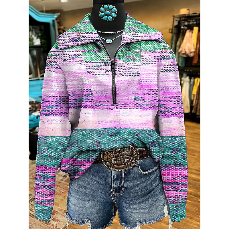 Women's Sweatshirts Geometric Striped Casual Long Sleeve V Neck Regular Tops Street Dailywear Casual Yellow Pink Blue Purple Fall3