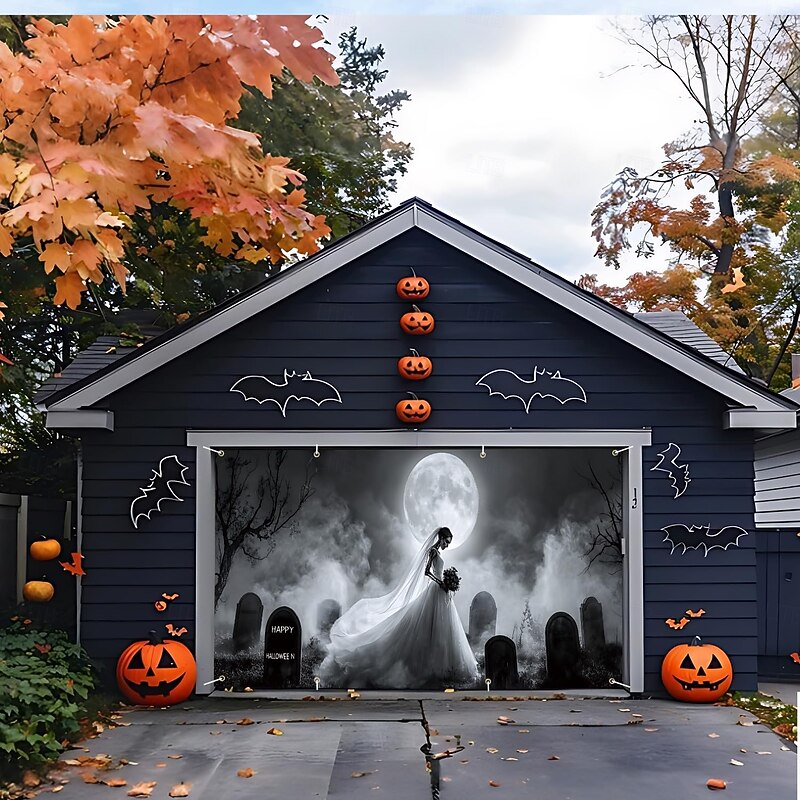 Halloween Tapestry Garage Door Cover Large Hanging Backdrop Ghost Bride Dark Punk Gothic Style Party Outdoor Shooting Backgrounds Yard Haunted House Home Decor2
