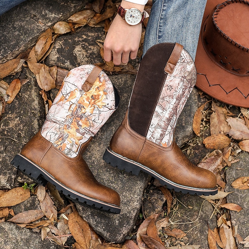 Men's Boots Cowboy Boots Embroidery Retro Handmade Shoes Walking Sporty Casual Outdoor PU Leather Comfortable Slip Resistant Mid-Calf Boots Loafer Yellow-Brown Brown Summer Fall Winter3