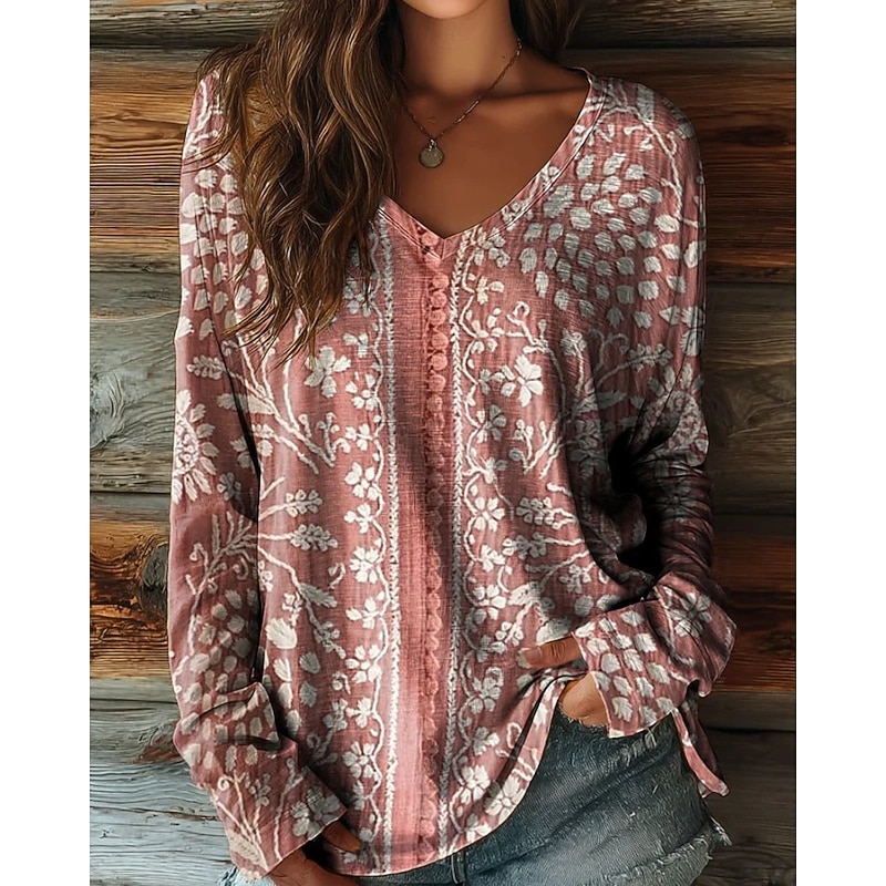Women's T shirt Long Sleeve Floral Graphic Plants Vintage Stylish Casual Long Sleeve V Neck Regular Tops Daily Weekend Print Sage Green Pink Red Purple Green Spring Fall Prefall4