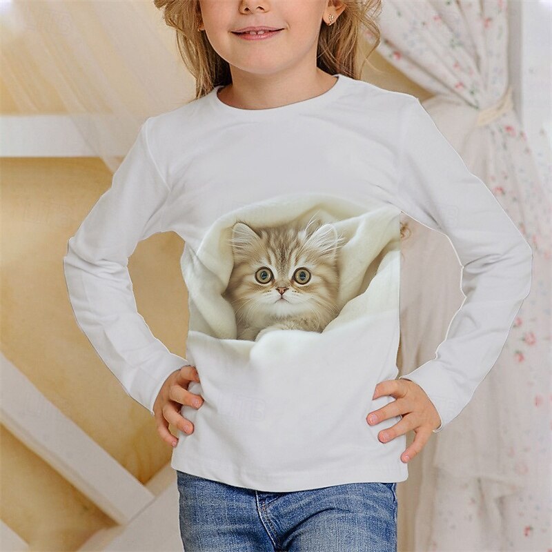 Girls' 3D Animal Cat T shirt Tee Long Sleeve Spring Fall Fashion Basic Kids 4-12 Years Crew Neck Outdoor Casual Daily Regular Fit