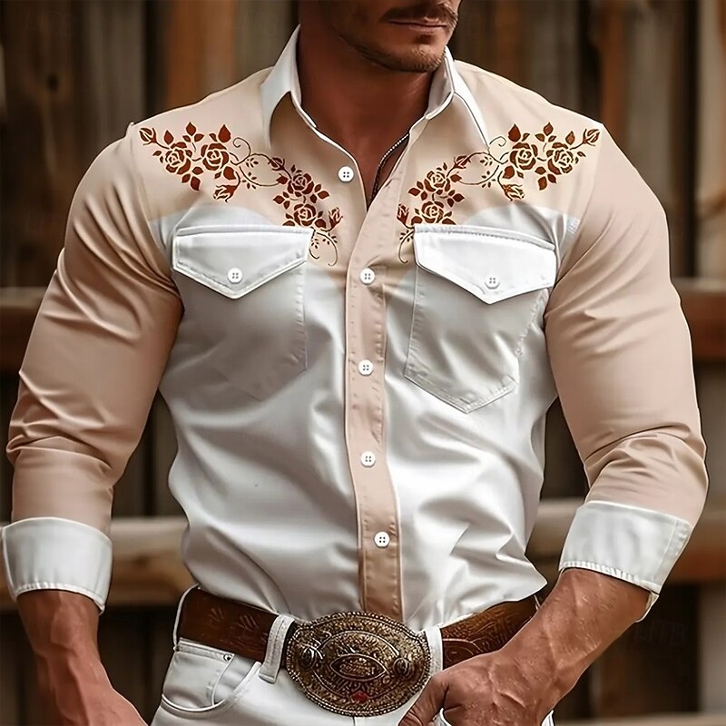 Men's Floral Print Flowers Shirt Western Shirt Cowboy Shirt Long Sleeve Vintage Retro Outdoor Casual WorkWear Spring Fall Turndown Front Two Pockets Linen Like Shirt Button Up Shirts Pink