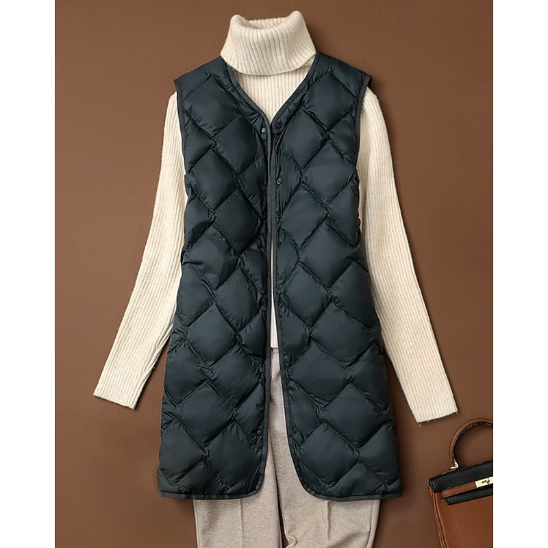 Women's Down Jacket Vest Warm Comfortable Pocket Buttons Casual Plain Outdoor Vacation Going out Casual Daily Single Breasted Long V Neck Regular Fit Sleeveless Outerwear Black Dark Green Khaki Fall3