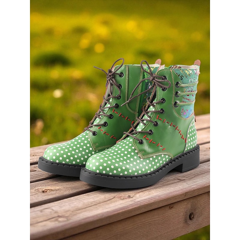 Women's Green Polka Dot Leather Lace-Up Ankle Boots with Colorful Patchwork Design, Comfortable Flat Heel Casual Outdoor Footwear2