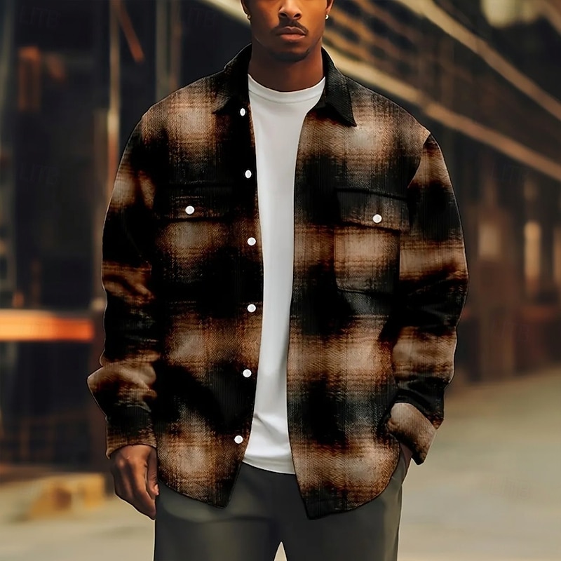 Men's Geometric Grid / Plaid Corduroy Shirt Shirt Jacket Overshirt Long Sleeve Casual Outdoor Dailywear Fall Winter Turndown Button-Down Warm Jacket with Flap Pockets Brown