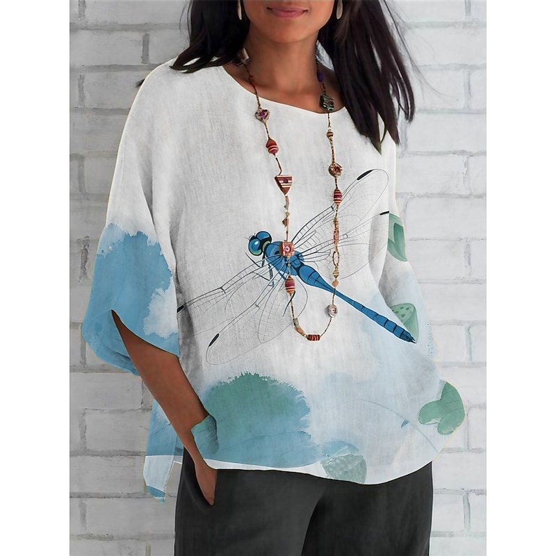 Women's Shirt Dragonfly Daily Casual 3/4 Length Sleeve Crew Neck Regular Tops Daily Holiday Print White Blue Sky Blue Light Blue Summer Spring Fall3